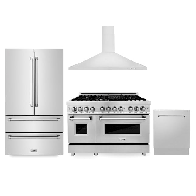 ZLINE Kitchen Package with Refrigeration, 48 in. Stainless Steel Dual Fuel Range, 48 in. Convertible Vent Range Hood and 24 in. Tall Tub Dishwasher (4KPR-RARH48-DWV) Zline Appliances