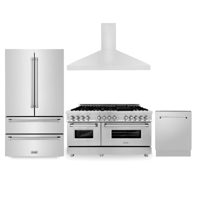ZLINE Kitchen Package with Refrigeration, 60 in. Stainless Steel Dual Fuel Range, 60 in. Convertible Vent Range Hood and 24 in. Tall Tub Dishwasher (4KPR-RARH60-DWV) Zline Appliances