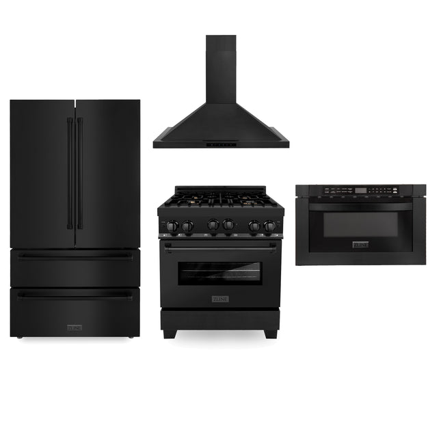 ZLINE Kitchen Package with Refrigeration, 30 in. Black Stainless Steel Gas Range, 30 in. Convertible Vent Range Hood and Microwave Drawer (4KPR-RGBRH30-MW) Zline Appliances