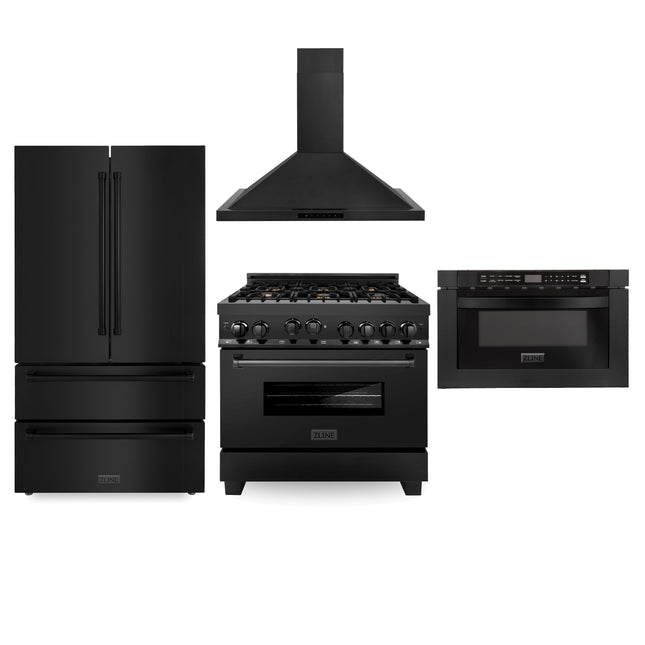 ZLINE Kitchen Package with Black Stainless Steel Refrigeration, 36 in. Gas Range and Microwave Drawer (4KPR-RGBRH36-MW) Zline Appliances