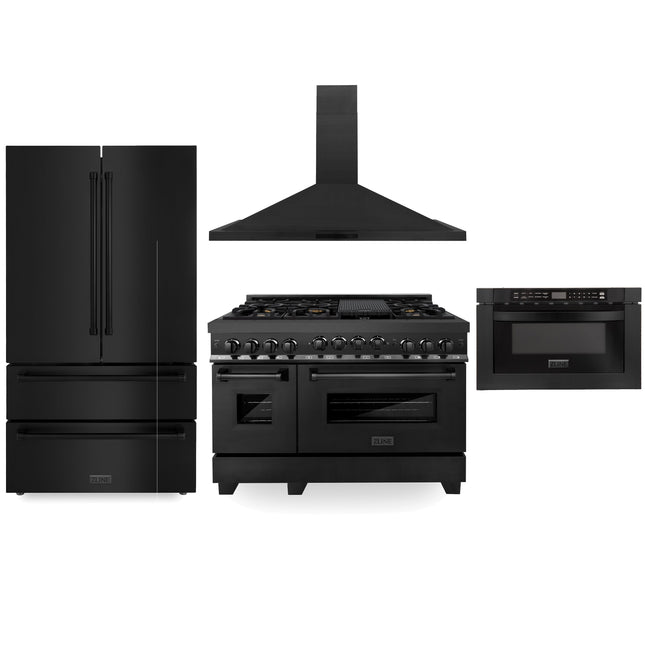 ZLINE Kitchen Package with Black Stainless Steel Refrigeration, 48" Gas Range and 30" Traditional Over the Range Microwave (4KPR-RGBRH48-MW) Plaza Home Decor