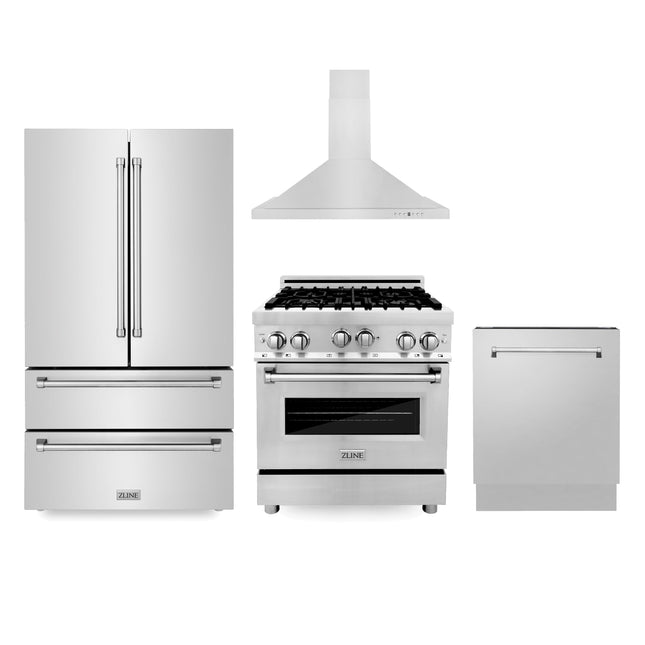 ZLINE Kitchen Package with Refrigeration, 30 in. Stainless Steel Gas Range, 30 in. Convertible Vent Range Hood and 24 in. Tall Tub Dishwasher (4KPR-RGRH30-DWV) Zline Appliances