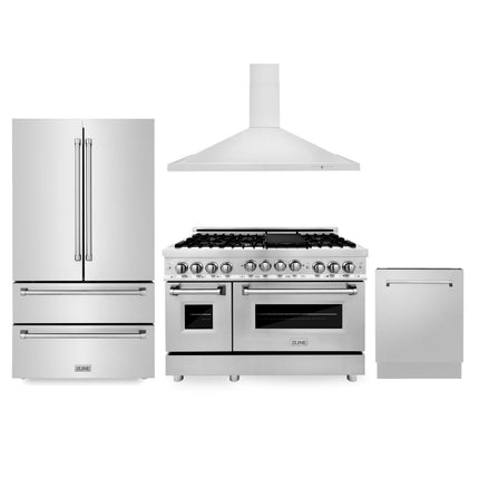 ZLINE Kitchen Package with Refrigeration, 48 in. Stainless Steel Gas Range, 48 in. Convertible Vent Range Hood and 24 in. Tall Tub Dishwasher (4KPR-RGRH48-DWV)