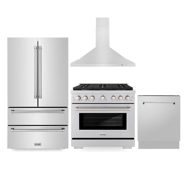 ZLINE Kitchen Package with Refrigeration, 36" Stainless Steel Gas Range, 36" Convertible Vent Range Hood and 24" Tall Tub Dishwasher (4KPR-SGRRH36-DWV) Plaza Home Decor