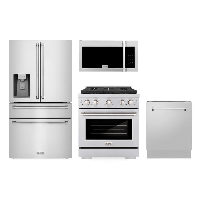 ZLINE Kitchen Package with Water and Ice Dispenser Refrigerator, 30" Gas Range, 30" Over the Range Microwave and 24" Tall Tub Dishwasher (4KPRW-SGROTRH30-DWV) Plaza Home Decor