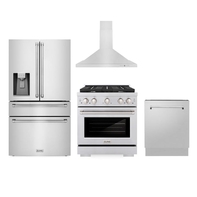 ZLINE Kitchen Package with Water and Ice Dispenser Refrigerator, 30" Gas Range, 30" Range Hood, and 24" Tall Tub Dishwasher (4KPRW-SGRRH30-DWV) Plaza Home Decor