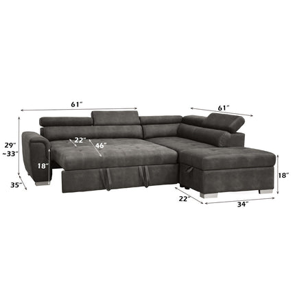 ACME 50275 Thelma Sectional Sofa with Sleeper & Ottoman, Gray Polished Microfiber (1Set/2Ctn)