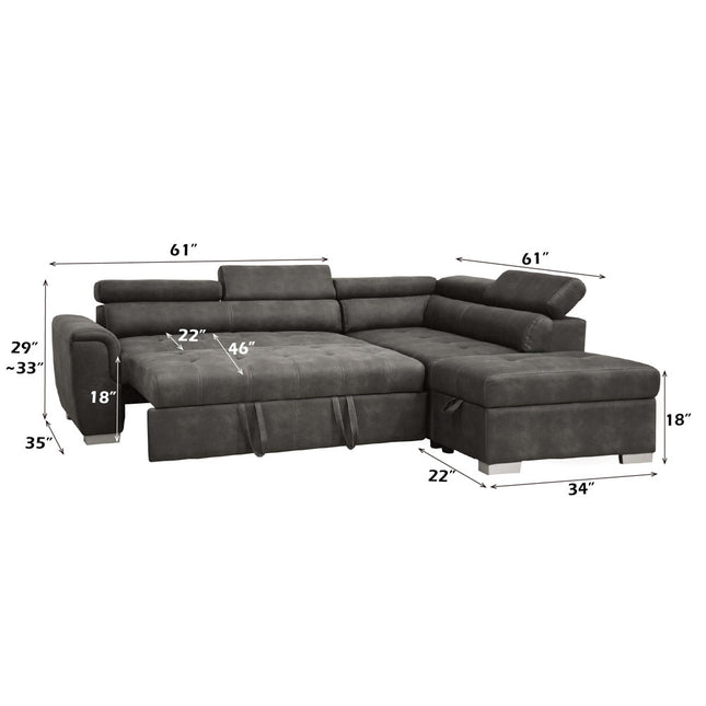 ACME 50275 Thelma Sectional Sofa with Sleeper & Ottoman, Gray Polished Microfiber (1Set/2Ctn)