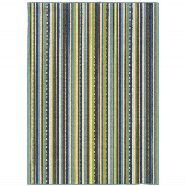 9' X 13' Blue and Green Striped Stain Resistant Indoor Outdoor Area Rug HomeRoots