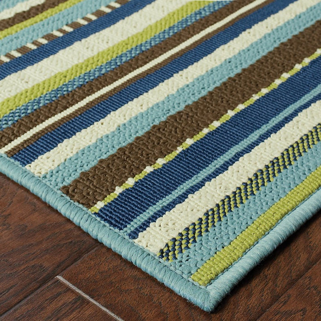 9' X 13' Blue and Green Striped Stain Resistant Indoor Outdoor Area Rug HomeRoots