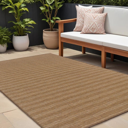 9' X 13' Tan Striped Stain Resistant Indoor Outdoor Area Rug