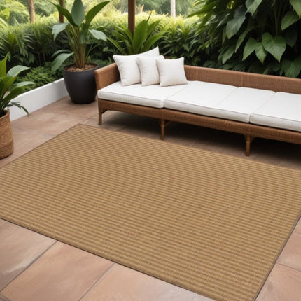 9' X 13' Tan Striped Stain Resistant Indoor Outdoor Area Rug