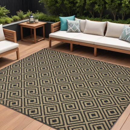 9' X 13' Black and Tan Geometric Stain Resistant Indoor Outdoor Area Rug HomeRoots