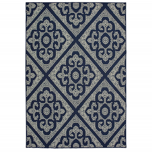 9' X 13' Blue and Ivory Geometric Stain Resistant Indoor Outdoor Area Rug HomeRoots