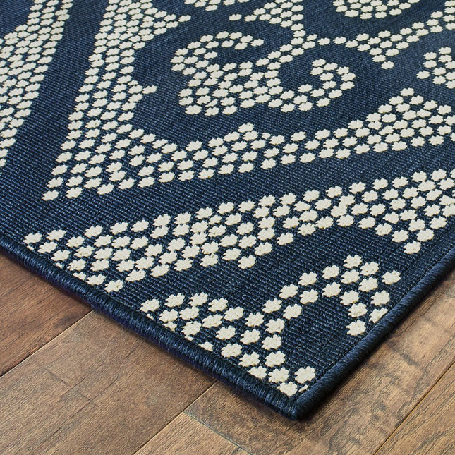 9' X 13' Blue and Ivory Geometric Stain Resistant Indoor Outdoor Area Rug HomeRoots