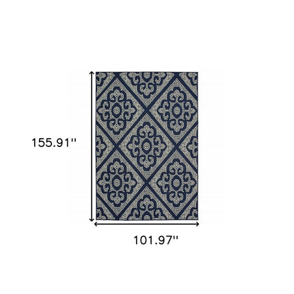 9' X 13' Blue and Ivory Geometric Stain Resistant Indoor Outdoor Area Rug HomeRoots