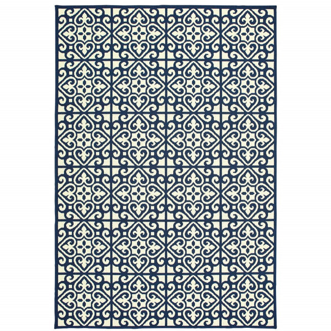 9' X 13' Ivory and Blue Geometric Stain Resistant Indoor Outdoor Area Rug HomeRoots