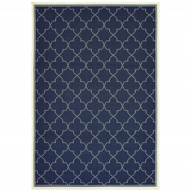 9' X 13' Blue and Ivory Geometric Stain Resistant Indoor Outdoor Area Rug