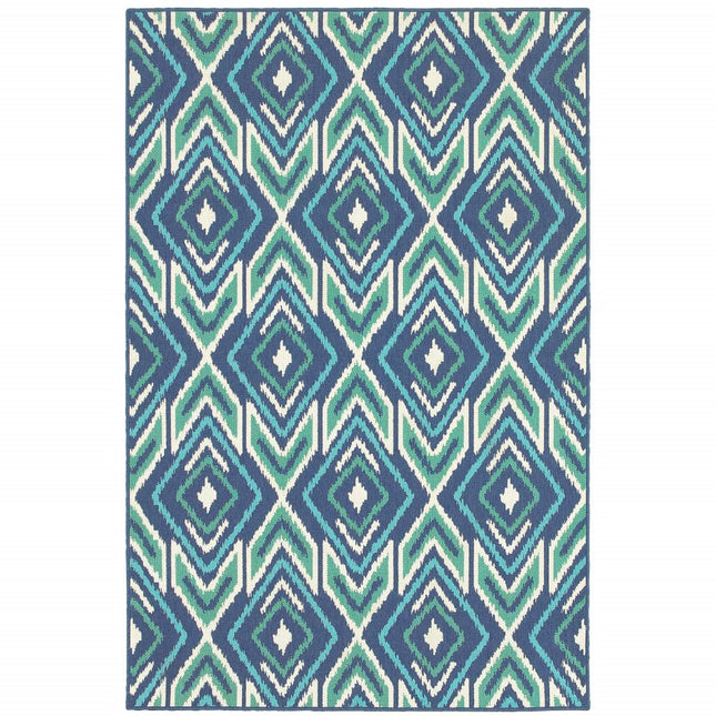 9' X 13' Blue and Ivory Geometric Stain Resistant Indoor Outdoor Area Rug HomeRoots