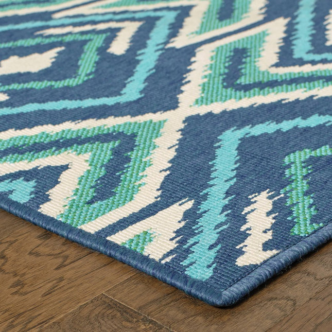 9' X 13' Blue and Ivory Geometric Stain Resistant Indoor Outdoor Area Rug HomeRoots