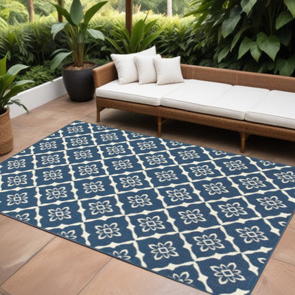 9' X 13' Blue and Ivory Floral Stain Resistant Indoor Outdoor Area Rug HomeRoots