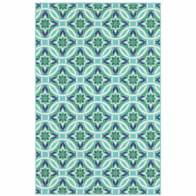 9' X 13' Blue and Green Geometric Stain Resistant Indoor Outdoor Area Rug HomeRoots