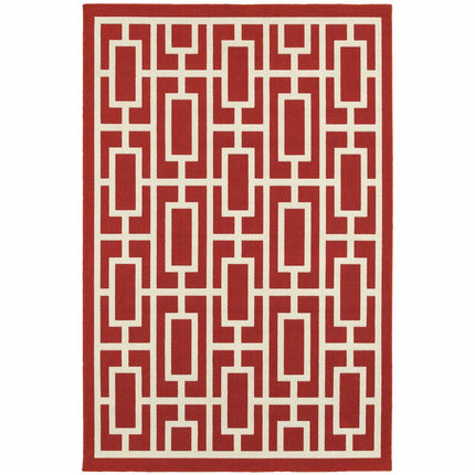 9' X 13' Red and Ivory Geometric Stain Resistant Indoor Outdoor Area Rug HomeRoots