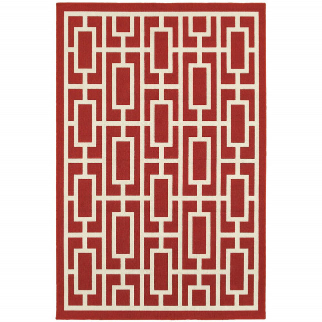 9' X 13' Red and Ivory Geometric Stain Resistant Indoor Outdoor Area Rug HomeRoots