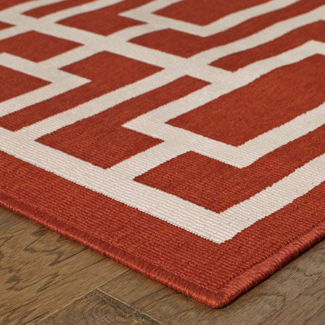9' X 13' Red and Ivory Geometric Stain Resistant Indoor Outdoor Area Rug HomeRoots