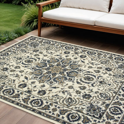 9' X 13' Ivory And Blue Oriental Indoor Outdoor Area Rug