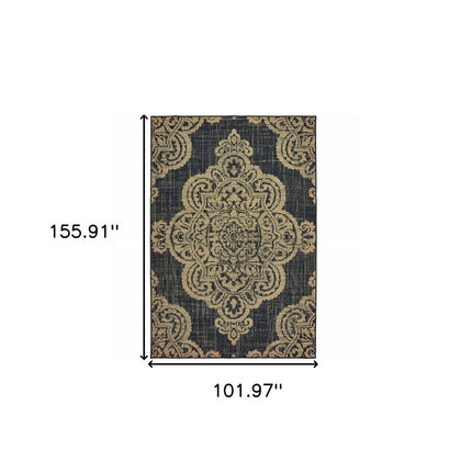 9' X 13' Tan Oriental Stain Resistant Indoor Outdoor Area Rug