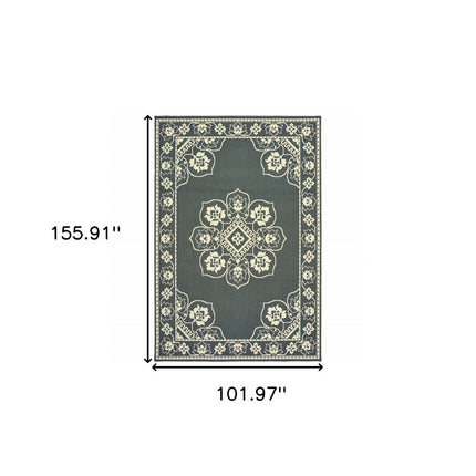 9' X 13' Tan Oriental Stain Resistant Indoor Outdoor Area Rug