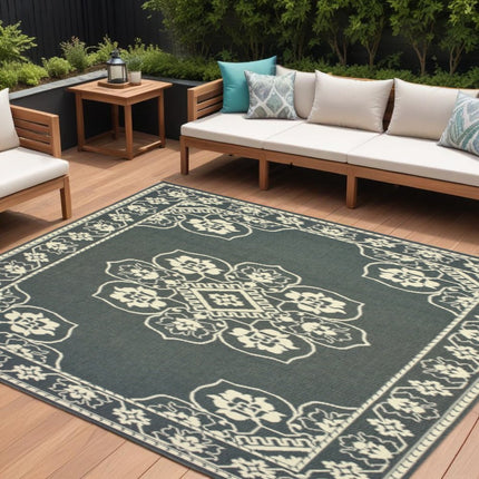 9' X 13' Tan Oriental Stain Resistant Indoor Outdoor Area Rug