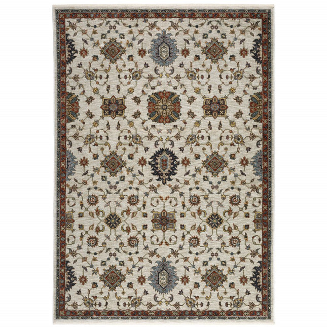 10' X 13' Beige Rust Red Blue Gold And Grey Oriental Power Loom Stain Resistant Area Rug With Fringe HomeRoots