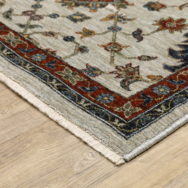 10' X 13' Beige Rust Red Blue Gold And Grey Oriental Power Loom Stain Resistant Area Rug With Fringe HomeRoots
