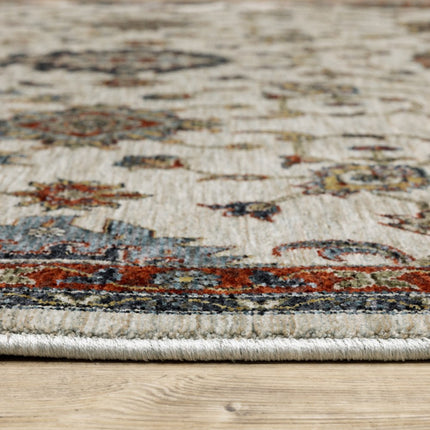 10' X 13' Beige Rust Red Blue Gold And Grey Oriental Power Loom Stain Resistant Area Rug With Fringe HomeRoots