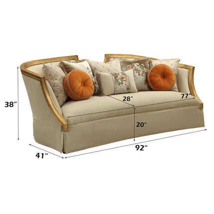 ACME 50835 Daesha Sofa with 8 Pillows, Tan Flannel & Antique Gold