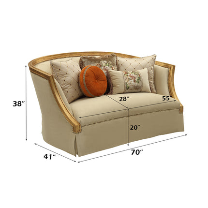 ACME 50836 Daesha Loveseat with 5 Pillows, Tan Flannel & Antique Gold