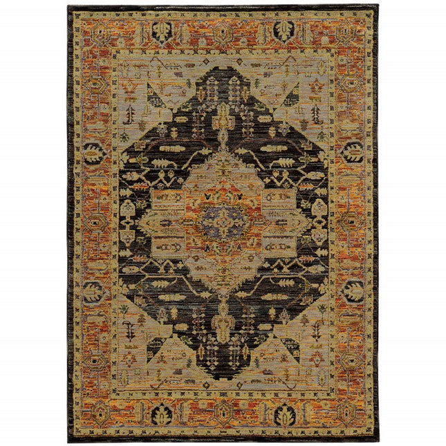 10' X 13' Black and Gold Oriental Power Loom Area Rug HomeRoots