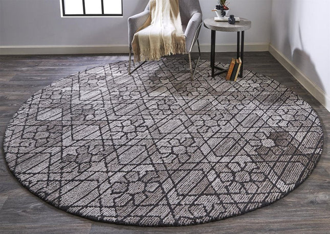 10' Black and Taupe Round Wool Paisley Hand Tufted Area Rug HomeRoots