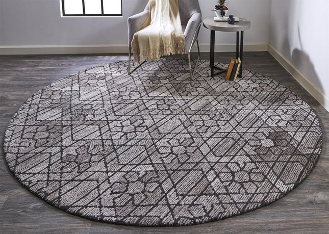 10' Black and Taupe Round Wool Paisley Hand Tufted Area Rug