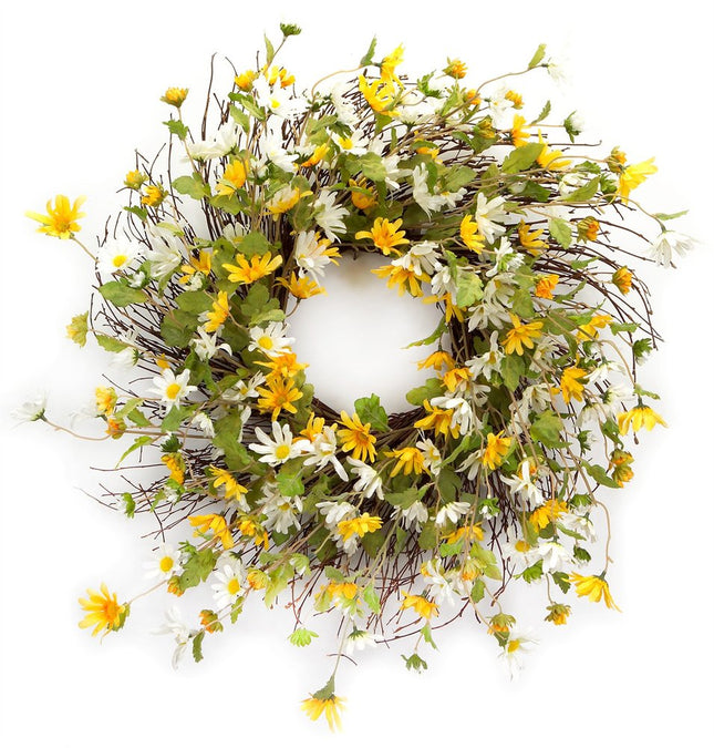 24" Green White And Yellow Spring Daisy Artificial Wreath HomeRoots