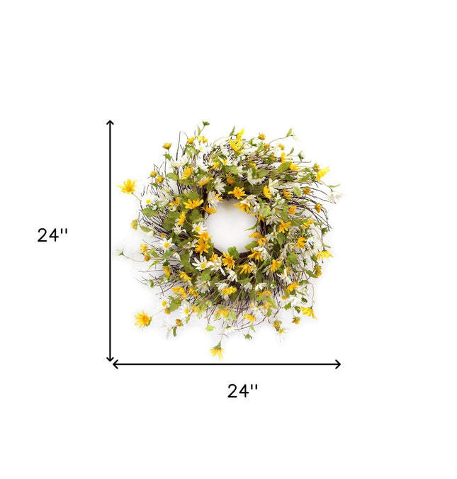24" Green White And Yellow Spring Daisy Artificial Wreath HomeRoots