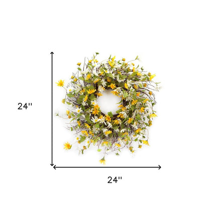 24" Green White And Yellow Spring Daisy Artificial Wreath HomeRoots