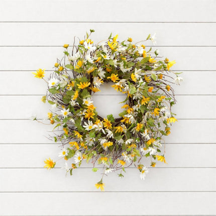 24" Green White And Yellow Spring Daisy Artificial Wreath HomeRoots