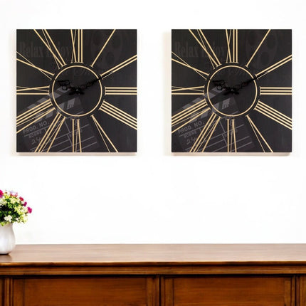 Set of Two Black And Gold Wood Analog Square Cinema Wall Clocks HomeRoots
