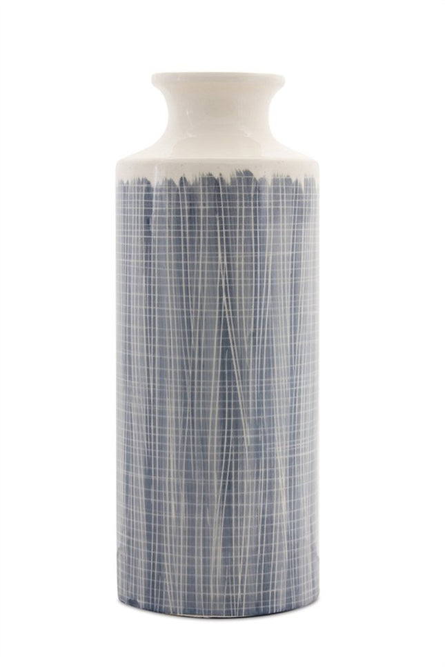 19" Blue and White Geometric Cylinder Terracotta Floor Vase HomeRoots