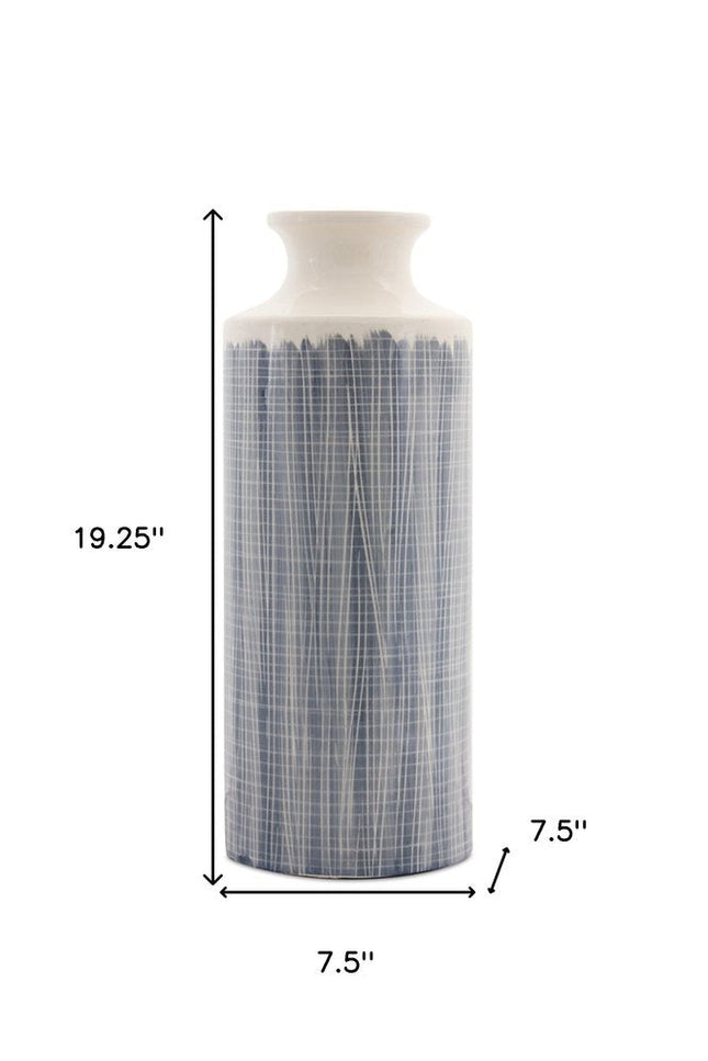 19" Blue and White Geometric Cylinder Terracotta Floor Vase HomeRoots