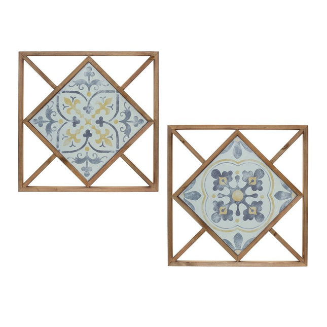 Set of Two White Blue And Brown Floral Wood and Metal Square Framed Art HomeRoots