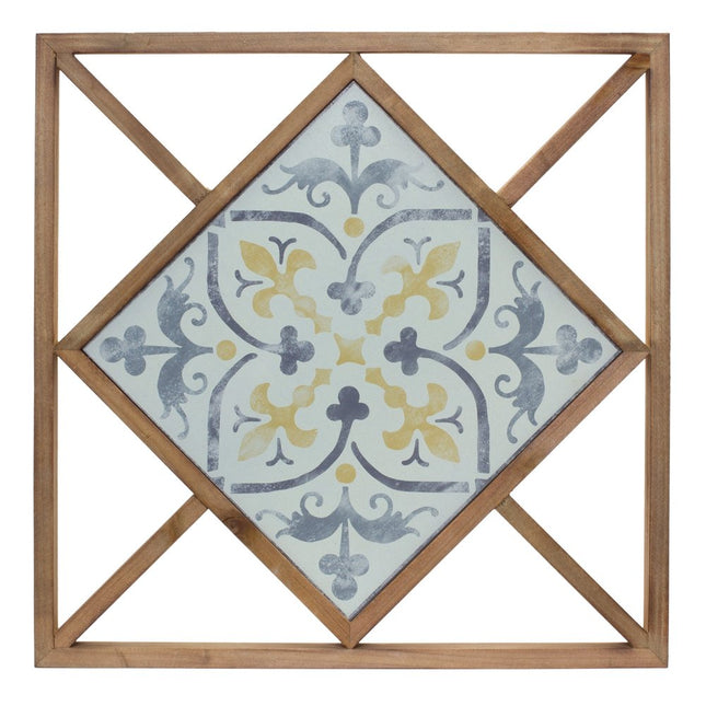 Set of Two White Blue And Brown Floral Wood and Metal Square Framed Art HomeRoots